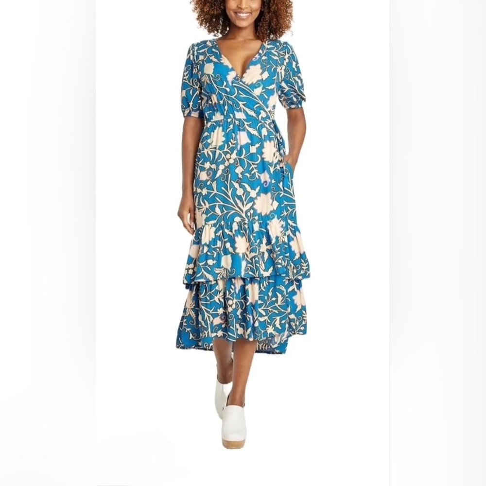 Knox Rose Blue Floral Short Sleeve Wrap Dress